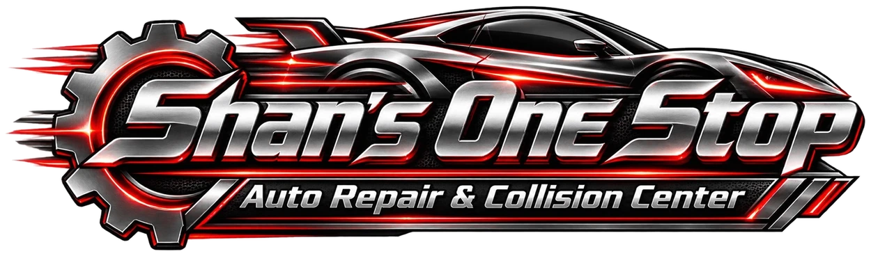 Shan’s One Stop Auto Repair & Collision Center — futuristic chrome automotive logo